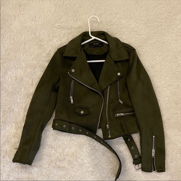 Zara green suede moto biker jacket xs - Picture 3 of 4